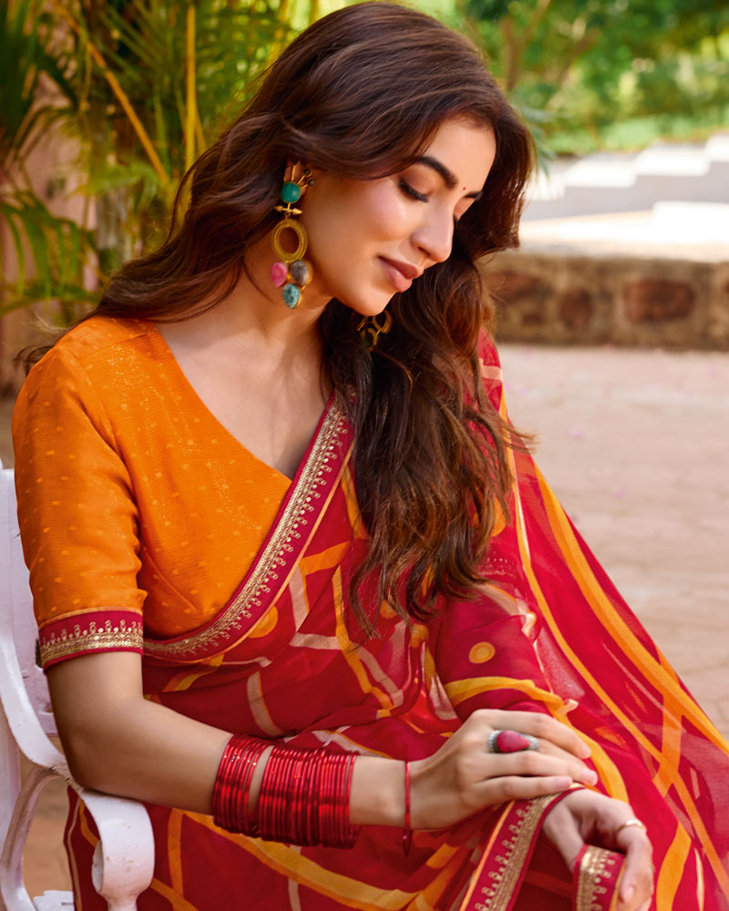 Vishal Prints Purplish Red Printed Chiffon Saree With Fancy Embroidery Border