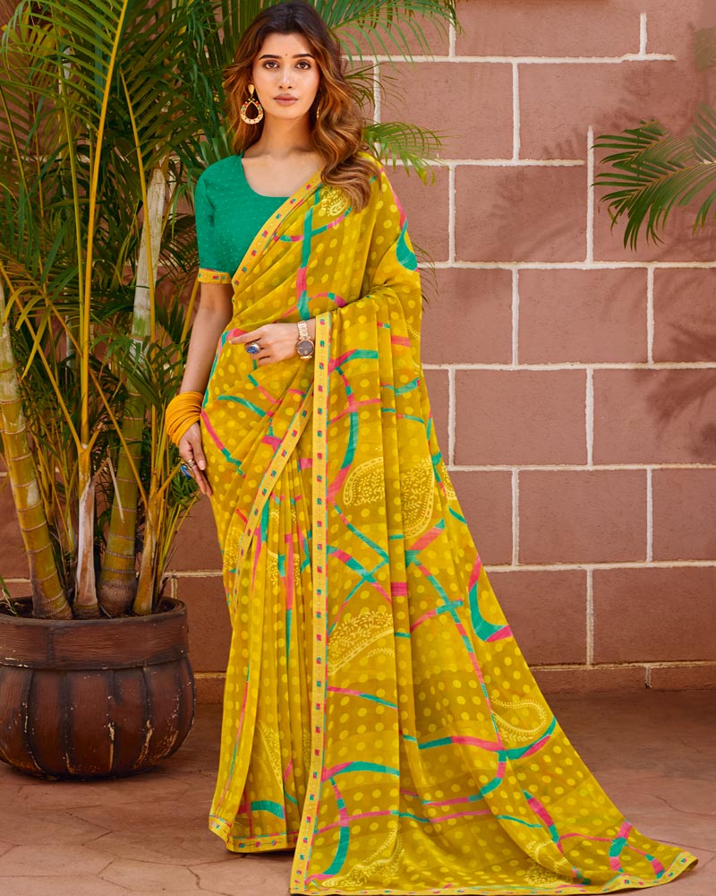 Vishal Prints Yellow Ochre Printed Chiffon Saree With Fancy Embroidery Border