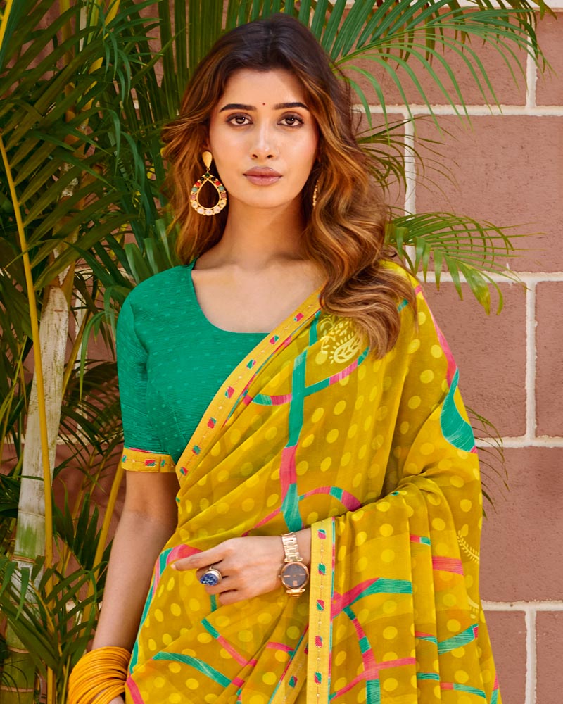 Vishal Prints Yellow Ochre Printed Chiffon Saree With Fancy Embroidery Border