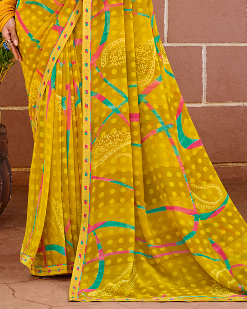 Vishal Prints Yellow Ochre Printed Chiffon Saree With Fancy Embroidery Border