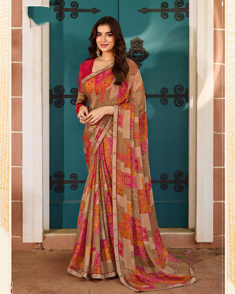 Vishal Prints Mushroom And French Brown Printed Chiffon Saree With Fancy Embroidery Border