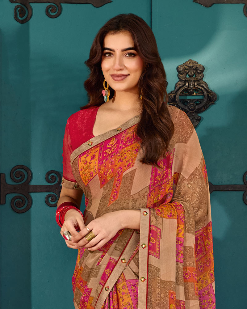 Vishal Prints Mushroom And French Brown Printed Chiffon Saree With Fancy Embroidery Border