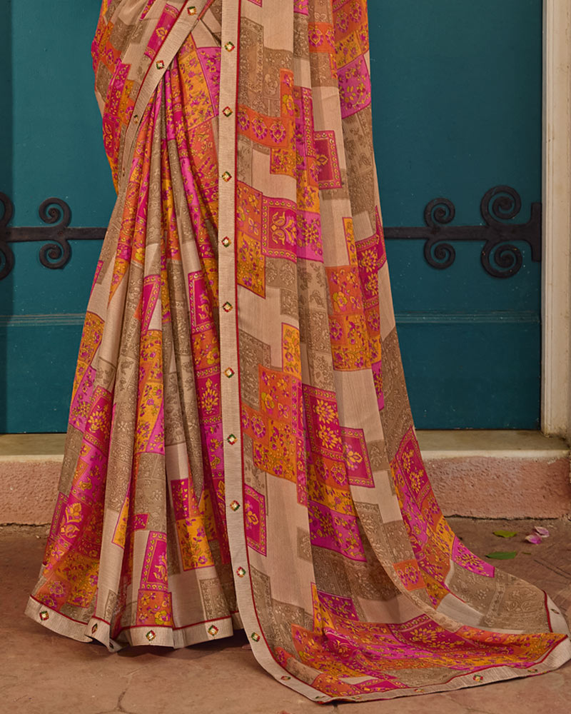 Vishal Prints Mushroom And French Brown Printed Chiffon Saree With Fancy Embroidery Border