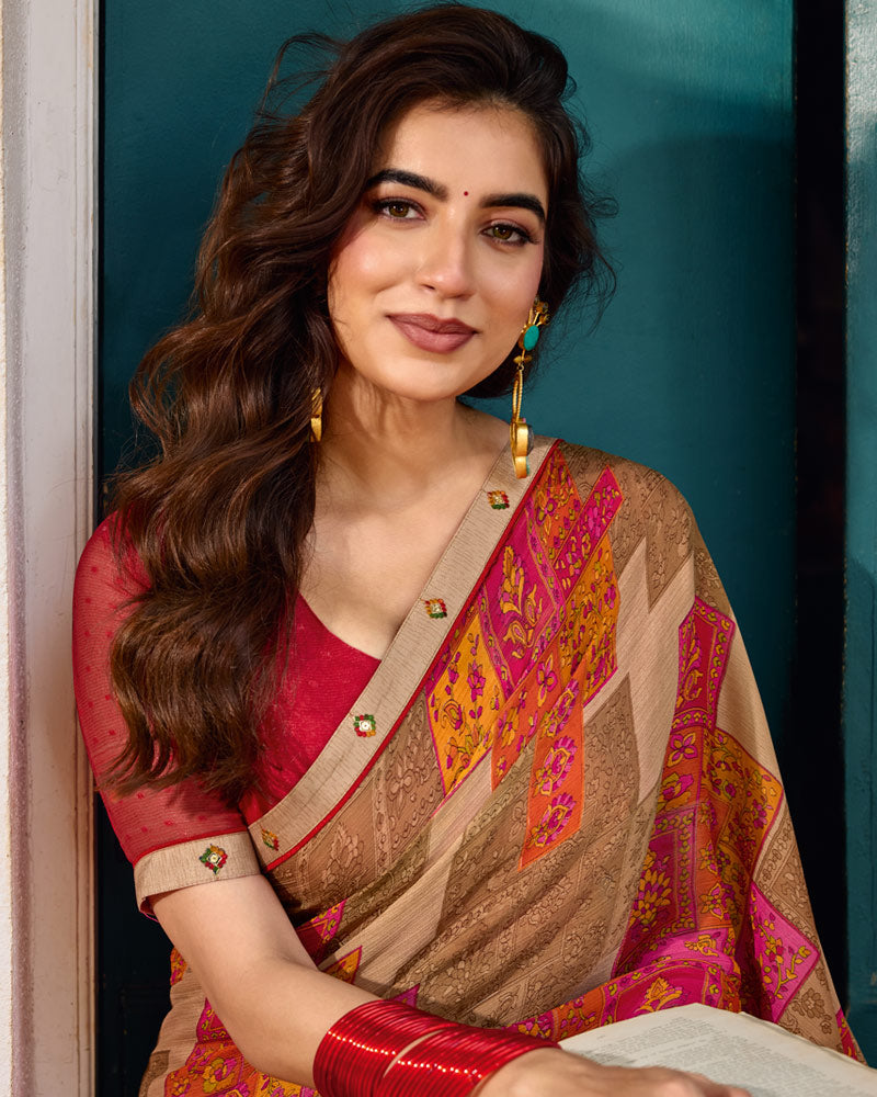 Vishal Prints Mushroom And French Brown Printed Chiffon Saree With Fancy Embroidery Border