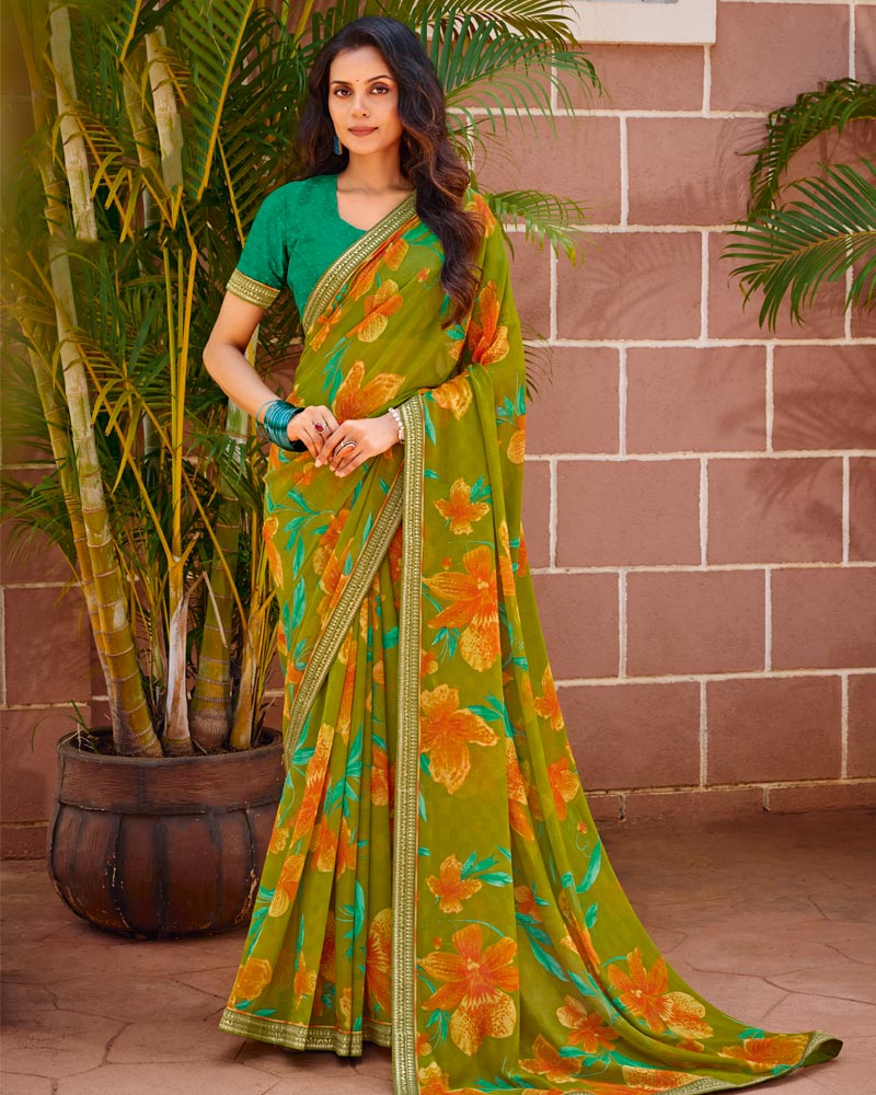 Vishal Prints Olive Green Printed Chiffon Saree With Fancy Embroidery Border