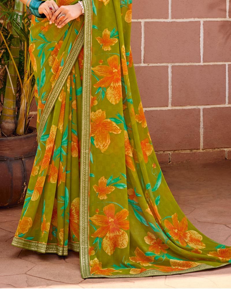 Vishal Prints Olive Green Printed Chiffon Saree With Fancy Embroidery Border