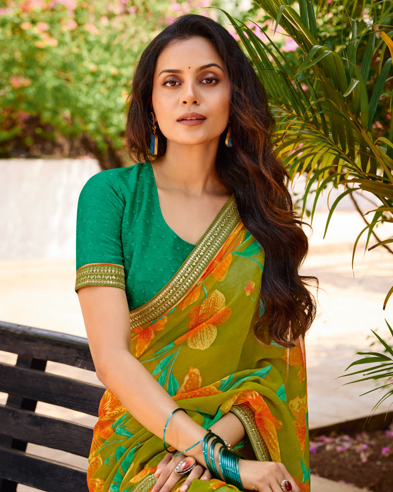 Vishal Prints Olive Green Printed Chiffon Saree With Fancy Embroidery Border
