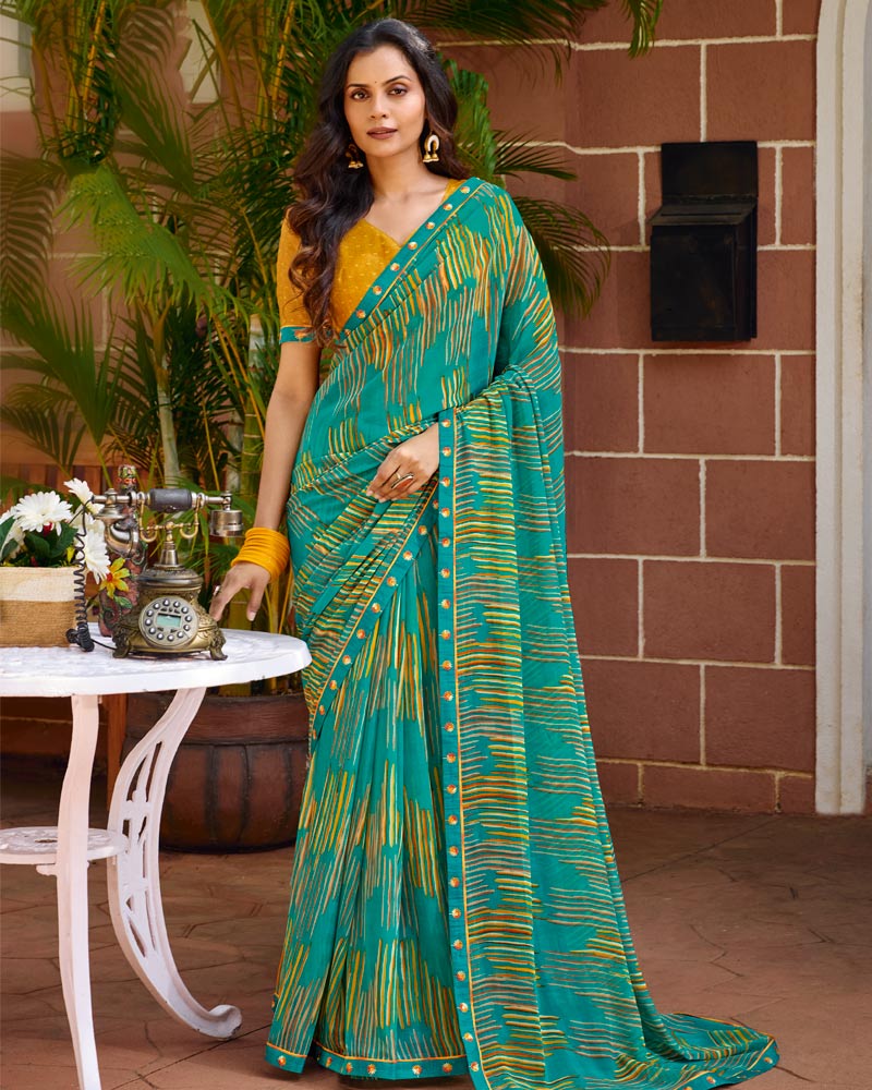 Vishal Prints Teal Blue Printed Chiffon Saree With Fancy Embroidery Border