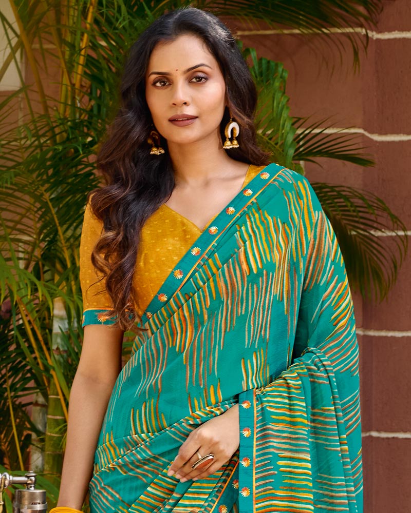 Vishal Prints Teal Blue Printed Chiffon Saree With Fancy Embroidery Border