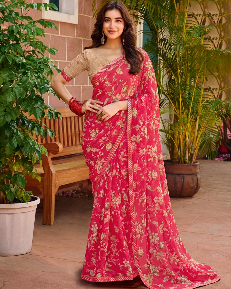 Vishal Prints Mandy Pink Printed Chiffon Saree With Fancy Embroidery Border