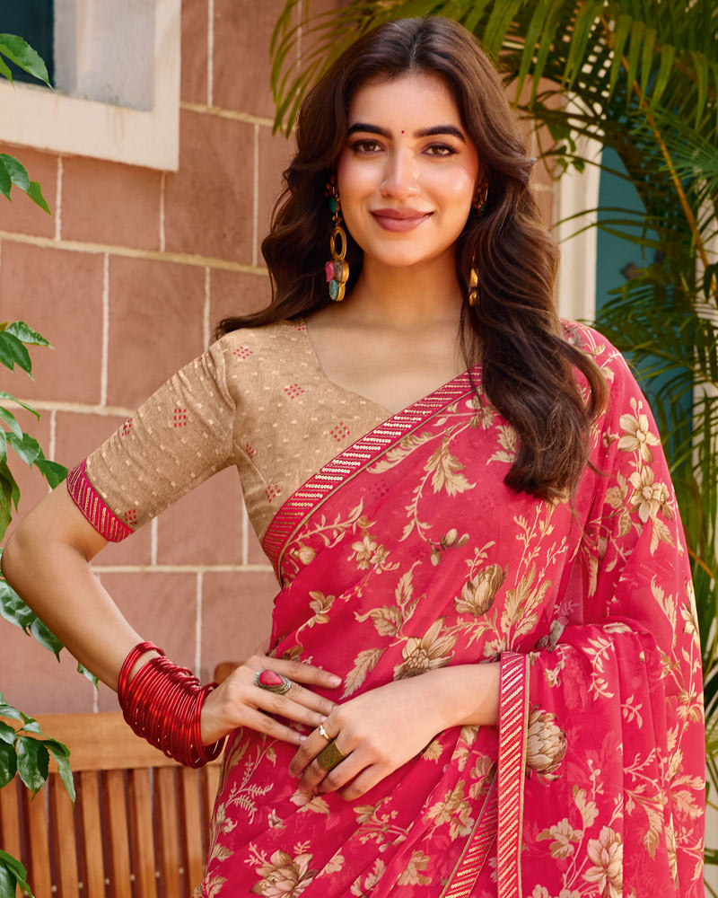 Vishal Prints Mandy Pink Printed Chiffon Saree With Fancy Embroidery Border