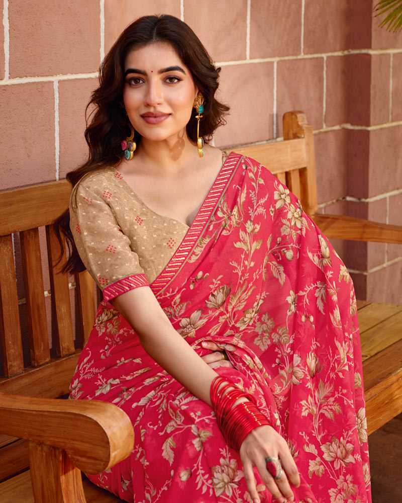 Vishal Prints Mandy Pink Printed Chiffon Saree With Fancy Embroidery Border