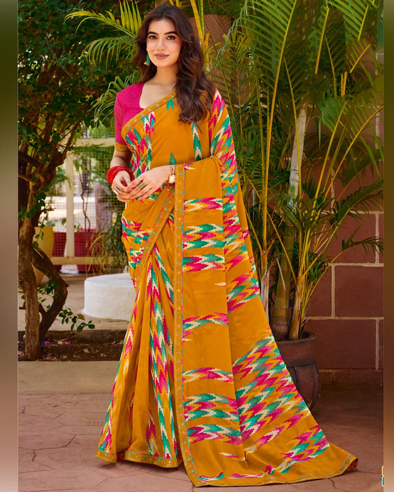 Vishal Prints Light Burnt Orange Printed Chiffon Saree With Fancy Embroidery Border