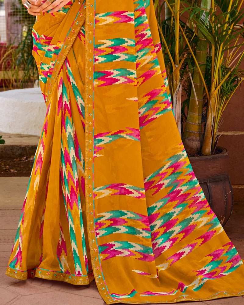Vishal Prints Light Burnt Orange Printed Chiffon Saree With Fancy Embroidery Border
