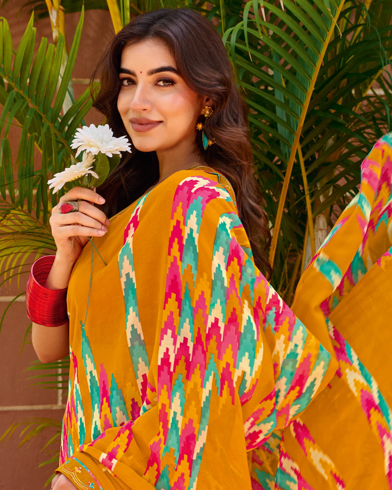 Vishal Prints Light Burnt Orange Printed Chiffon Saree With Fancy Embroidery Border