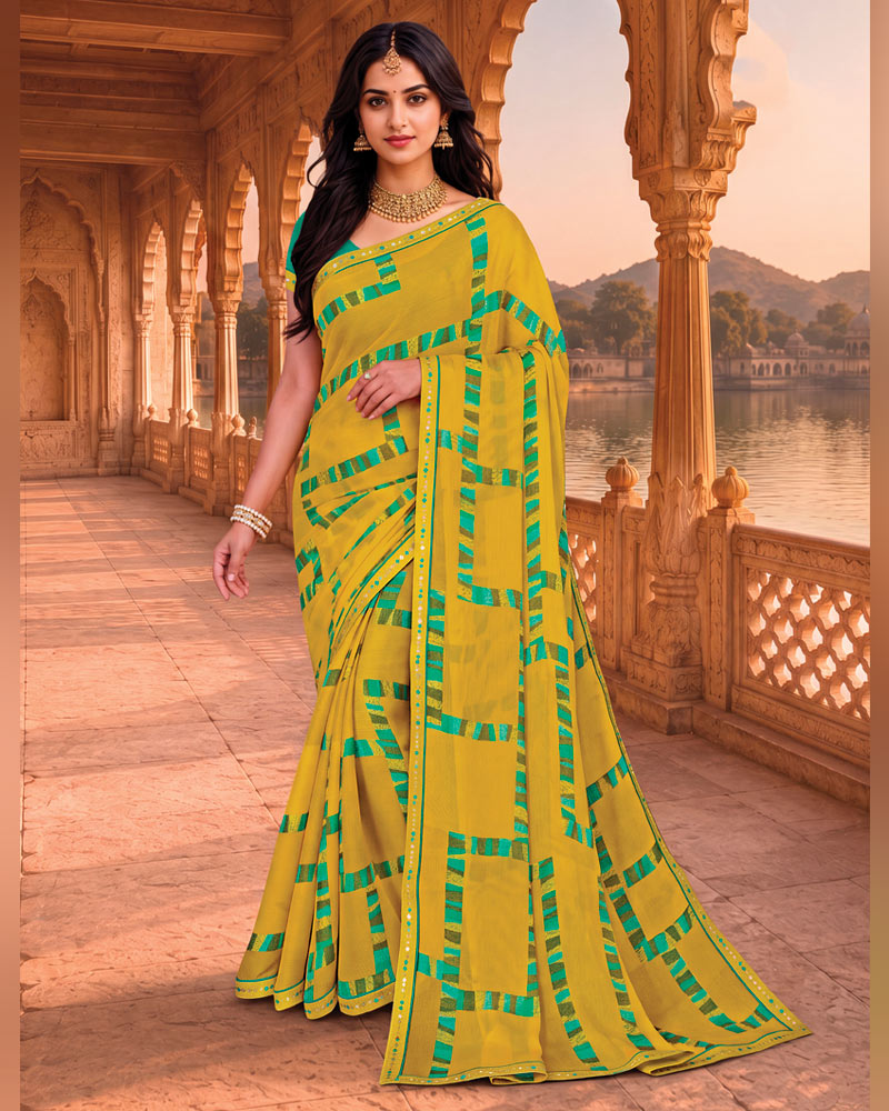 Vishal Prints Burnt Yellow Printed Chiffon Saree With Fancy Embroidery Border