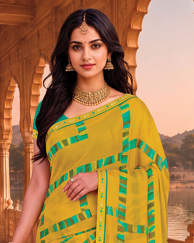 Vishal Prints Burnt Yellow Printed Chiffon Saree With Fancy Embroidery Border