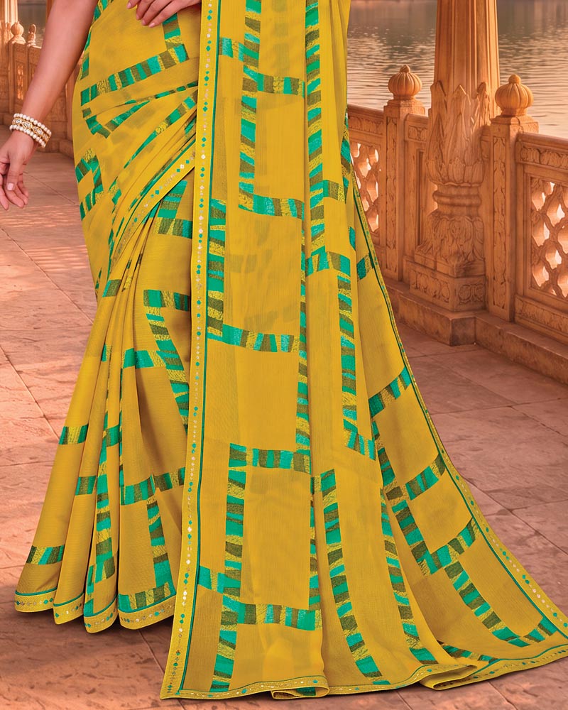 Vishal Prints Burnt Yellow Printed Chiffon Saree With Fancy Embroidery Border