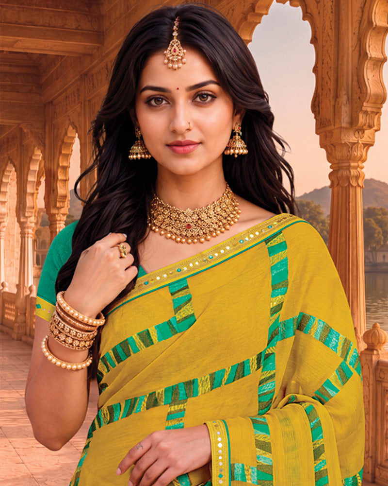 Vishal Prints Burnt Yellow Printed Chiffon Saree With Fancy Embroidery Border