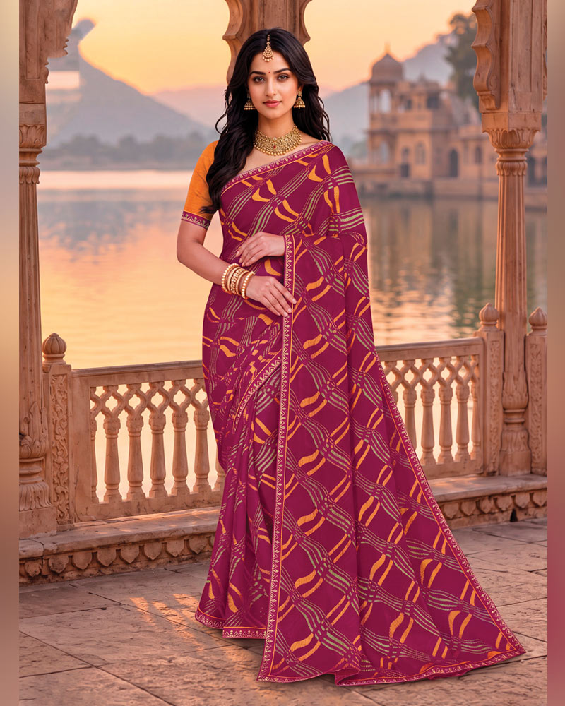 Vishal Prints Red Purple Printed Chiffon Saree With Fancy Embroidery Border
