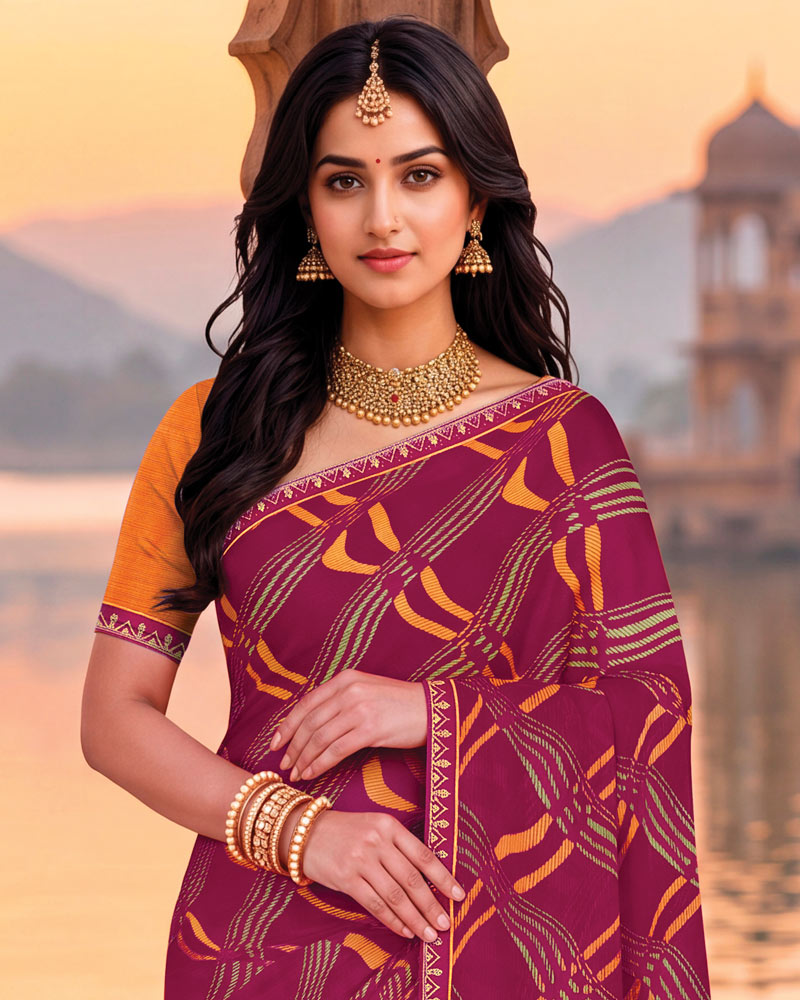 Vishal Prints Red Purple Printed Chiffon Saree With Fancy Embroidery Border