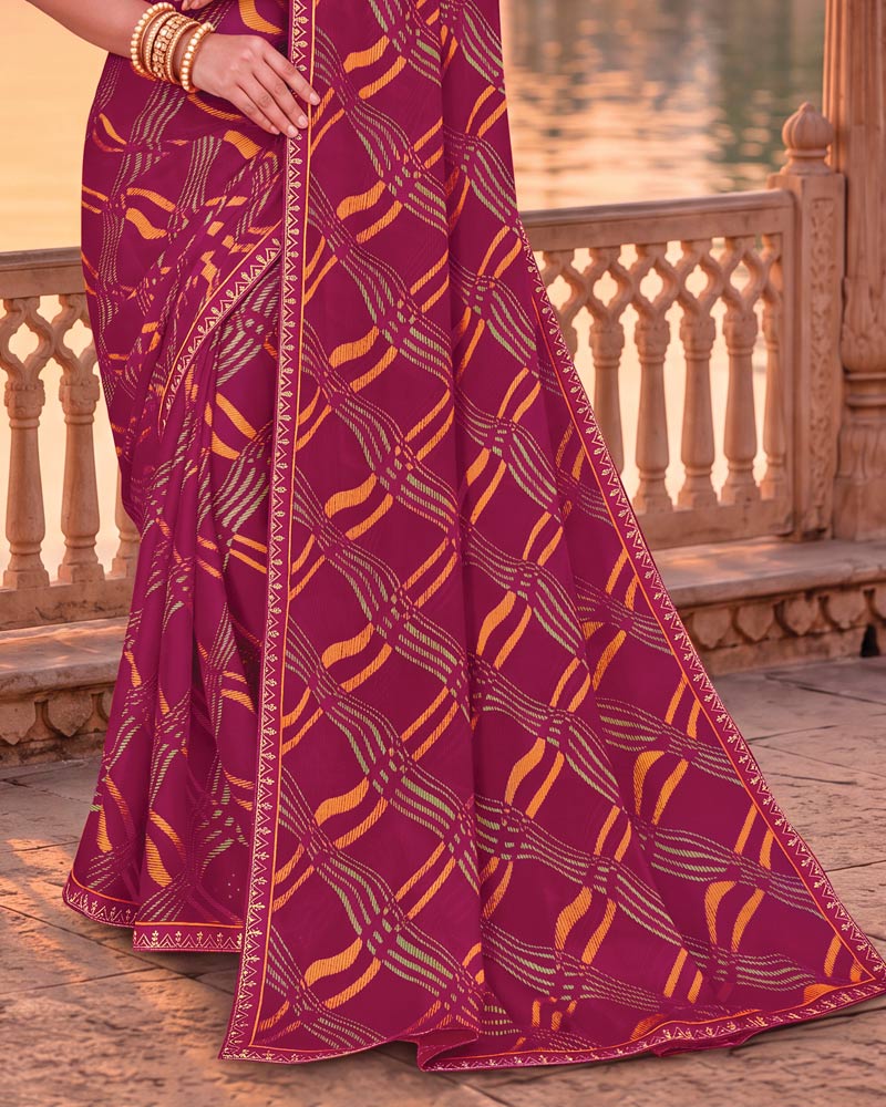 Vishal Prints Red Purple Printed Chiffon Saree With Fancy Embroidery Border