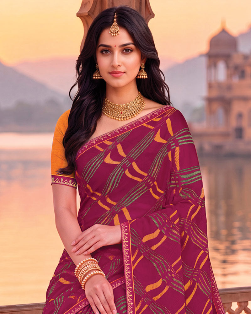 Vishal Prints Red Purple Printed Chiffon Saree With Fancy Embroidery Border
