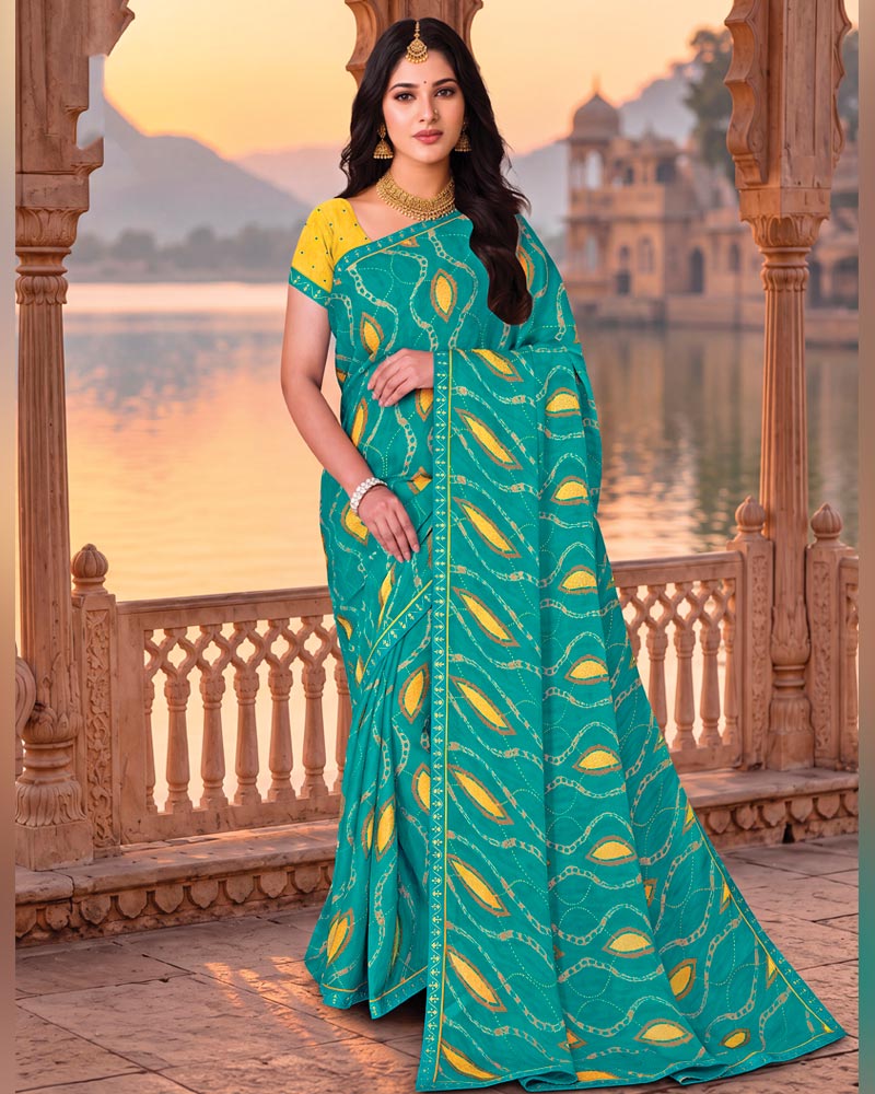 Vishal Prints Persian Green Printed Chiffon Saree With Fancy Embroidery Border