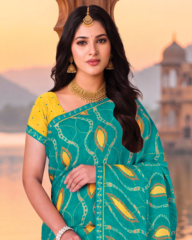 Vishal Prints Persian Green Printed Chiffon Saree With Fancy Embroidery Border