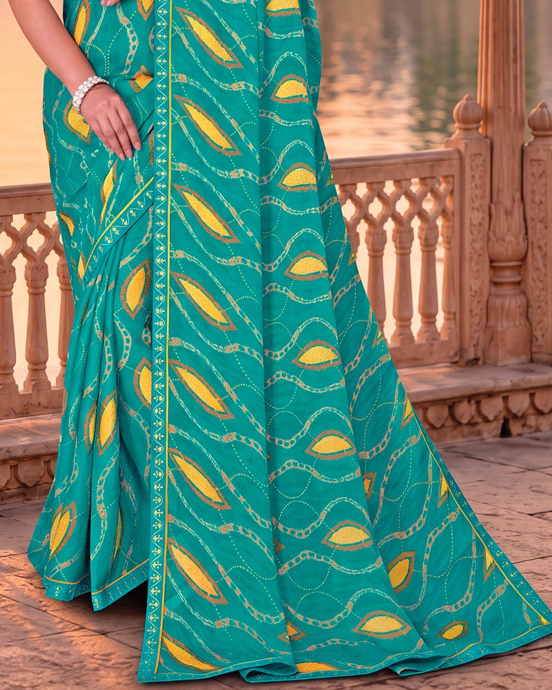 Vishal Prints Persian Green Printed Chiffon Saree With Fancy Embroidery Border