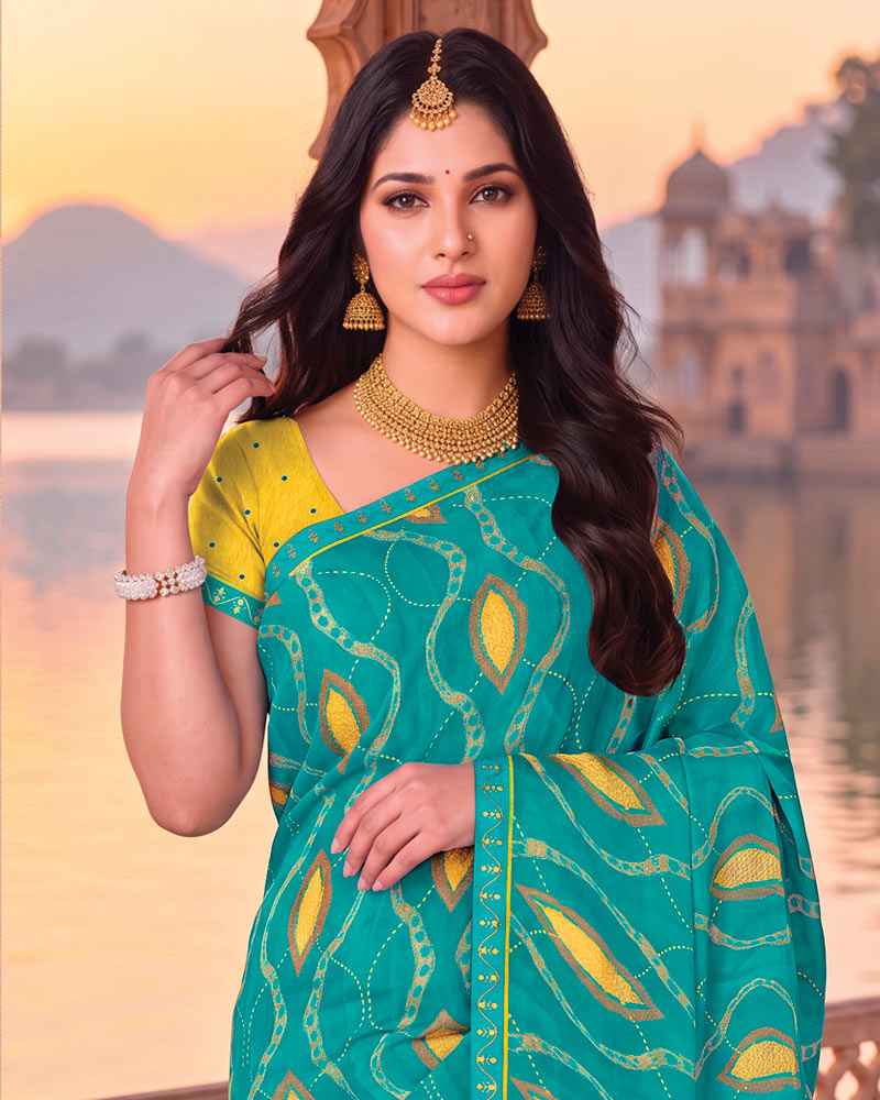Vishal Prints Persian Green Printed Chiffon Saree With Fancy Embroidery Border