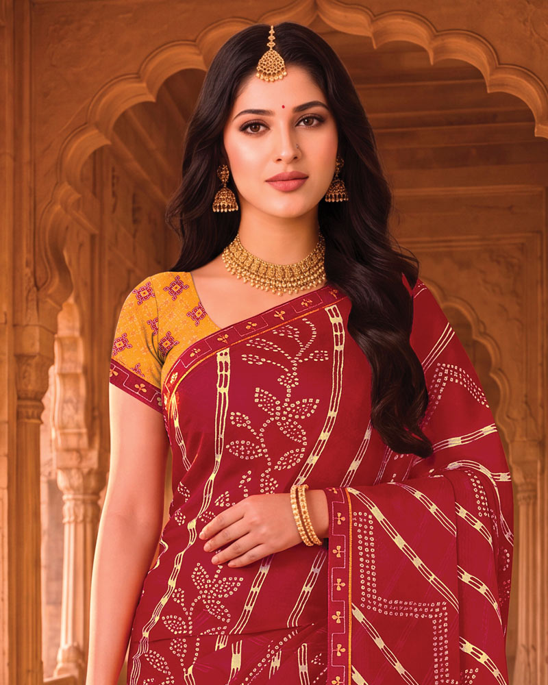 Vishal Prints Brick Red Printed Chiffon Saree With Fancy Embroidery Border
