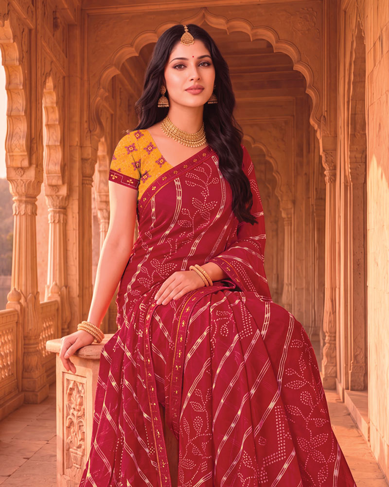 Vishal Prints Brick Red Printed Chiffon Saree With Fancy Embroidery Border