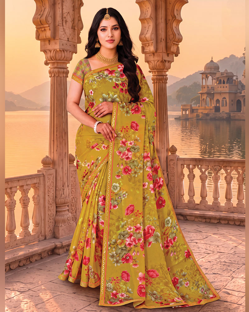 Vishal Prints Yellowish Brown Printed Chiffon Saree With Fancy Embroidery Border