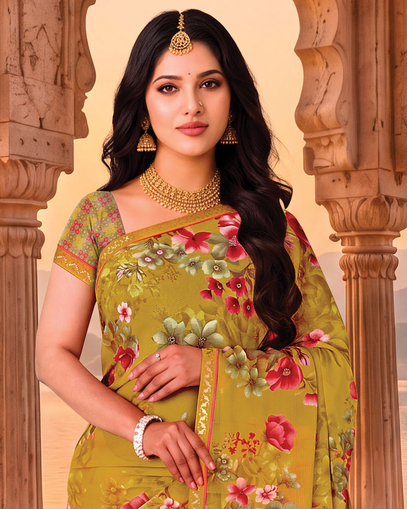 Vishal Prints Yellowish Brown Printed Chiffon Saree With Fancy Embroidery Border