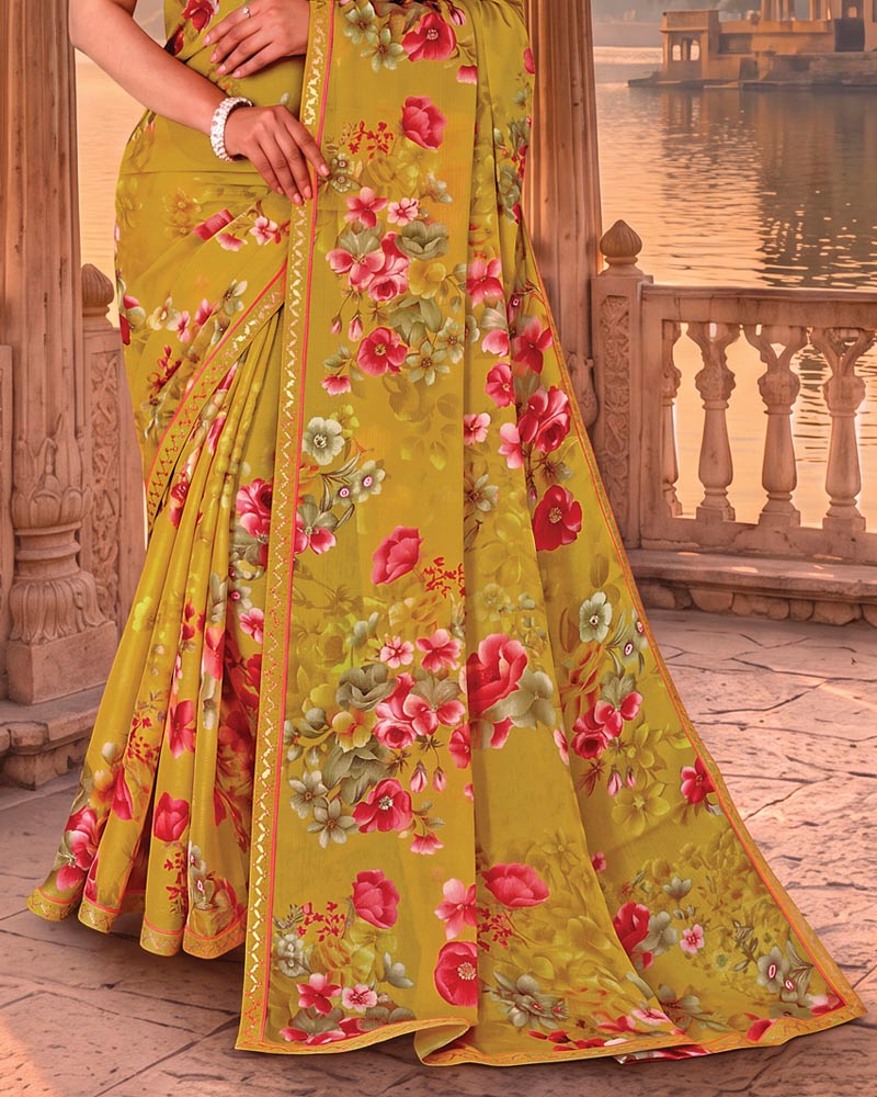 Vishal Prints Yellowish Brown Printed Chiffon Saree With Fancy Embroidery Border