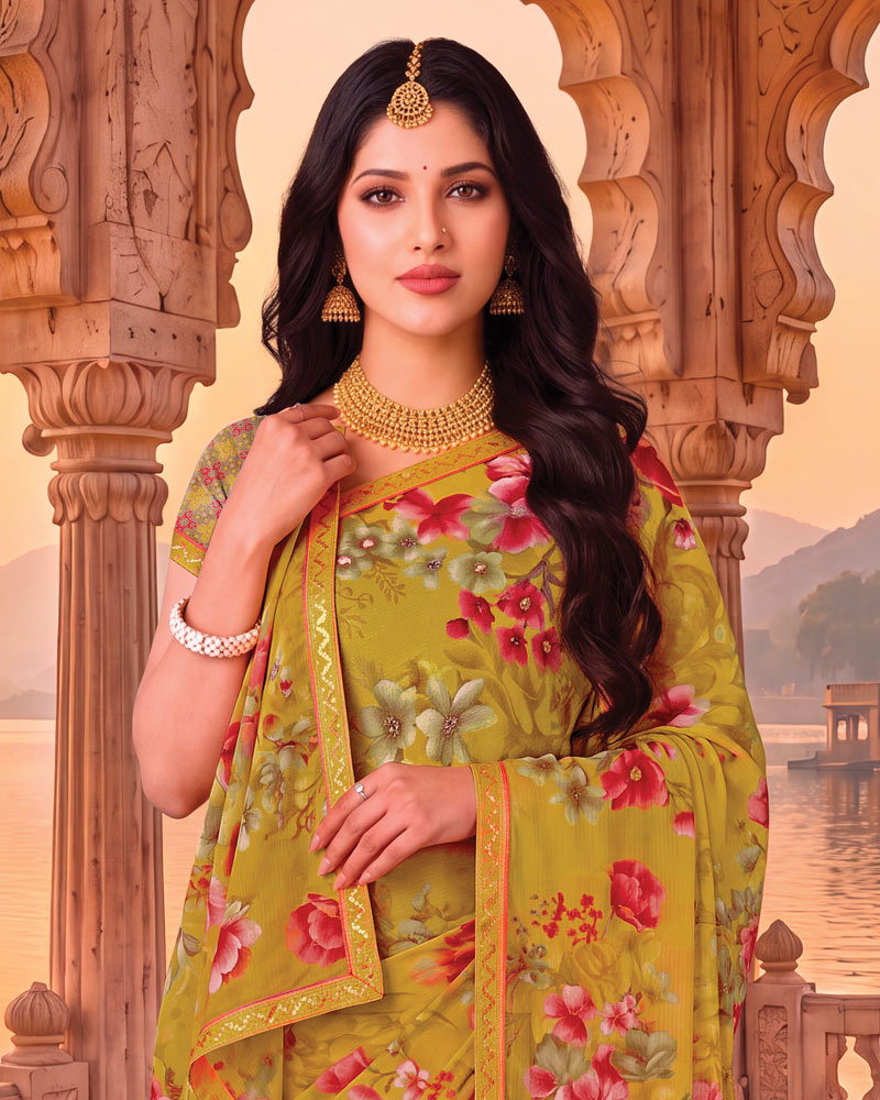 Vishal Prints Yellowish Brown Printed Chiffon Saree With Fancy Embroidery Border