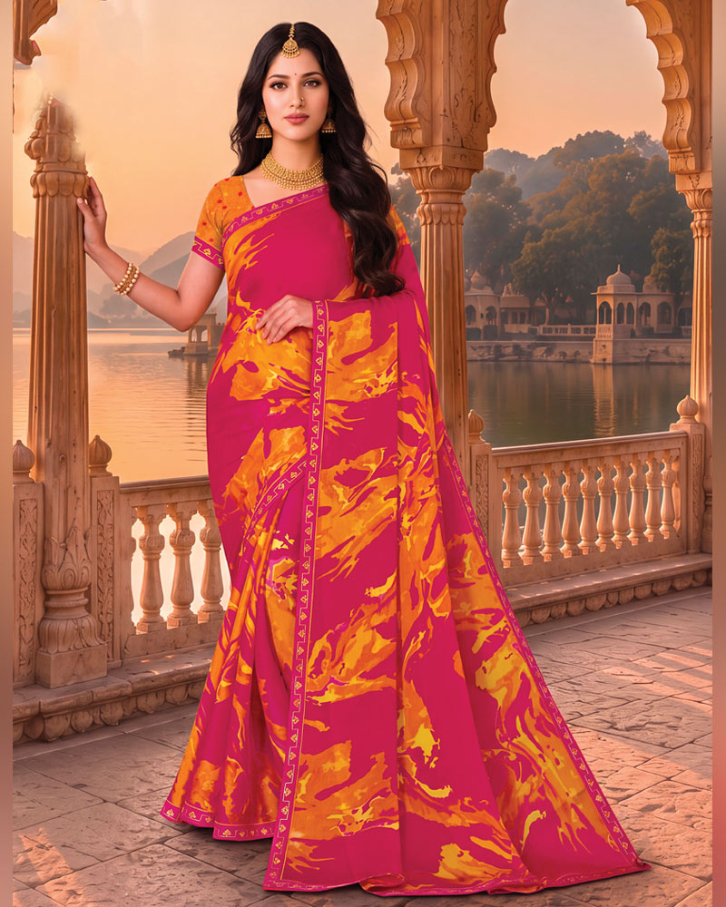 Vishal Prints Dark Burnt Pink Printed Chiffon Saree With Fancy Embroidery Border
