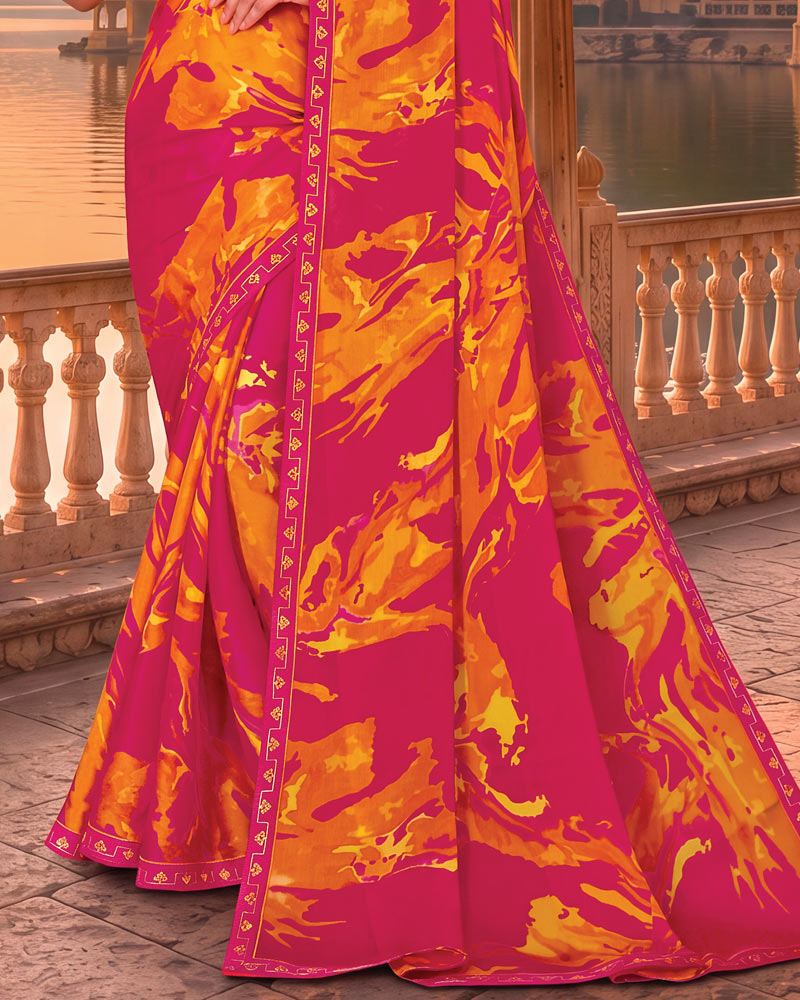 Vishal Prints Dark Burnt Pink Printed Chiffon Saree With Fancy Embroidery Border