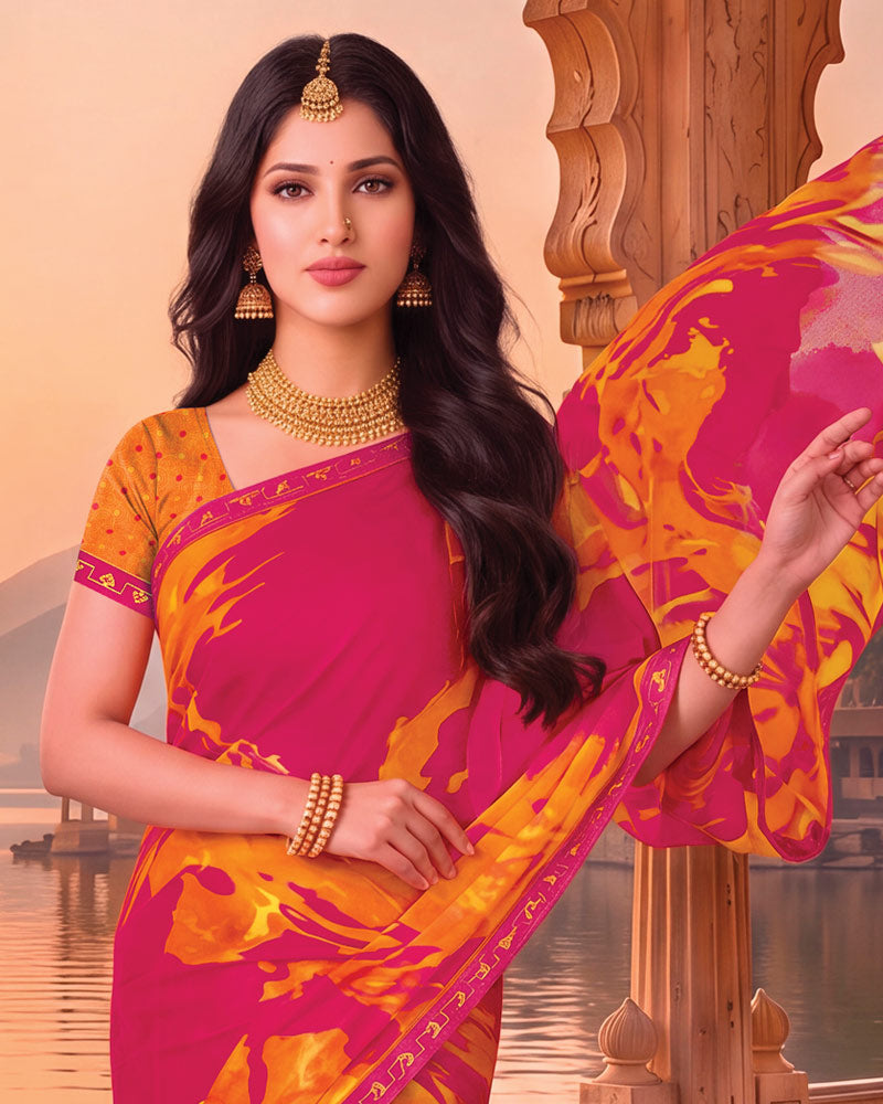 Vishal Prints Dark Burnt Pink Printed Chiffon Saree With Fancy Embroidery Border