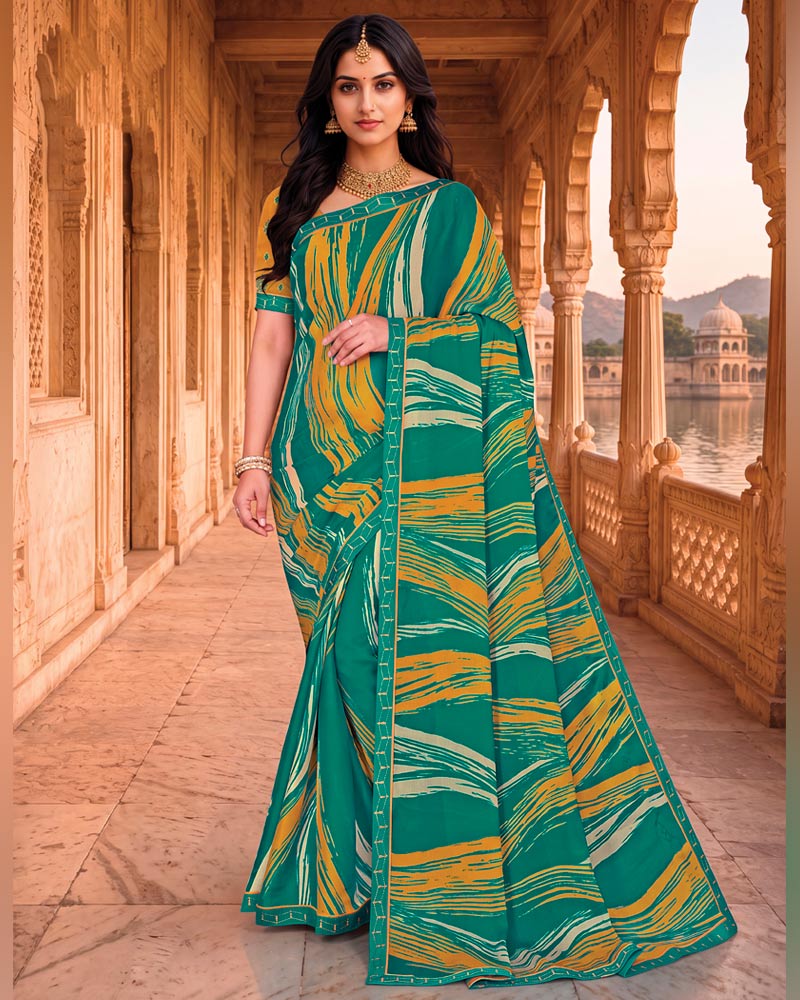 Vishal Prints Dark Aqua Green Printed Chiffon Saree With Fancy Embroidery Border
