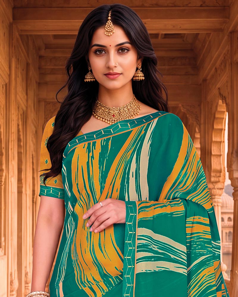Vishal Prints Dark Aqua Green Printed Chiffon Saree With Fancy Embroidery Border