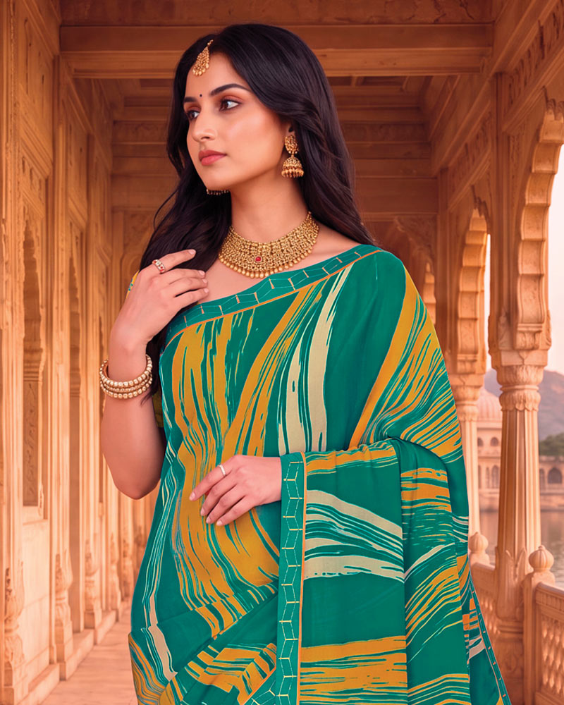 Vishal Prints Dark Aqua Green Printed Chiffon Saree With Fancy Embroidery Border