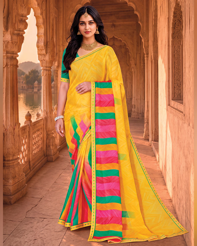 Vishal Prints Tulip Yellow Printed Chiffon Saree With Fancy Embroidery Border