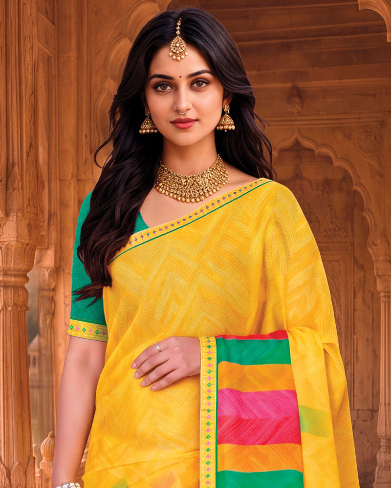 Vishal Prints Tulip Yellow Printed Chiffon Saree With Fancy Embroidery Border
