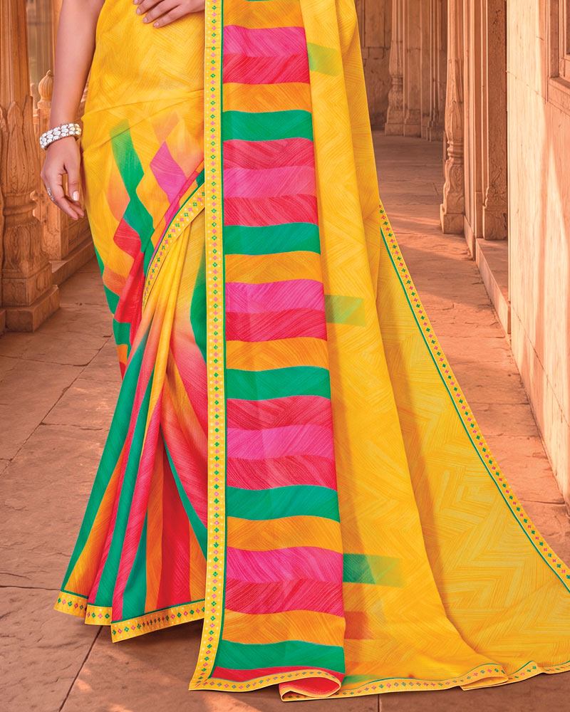 Vishal Prints Tulip Yellow Printed Chiffon Saree With Fancy Embroidery Border