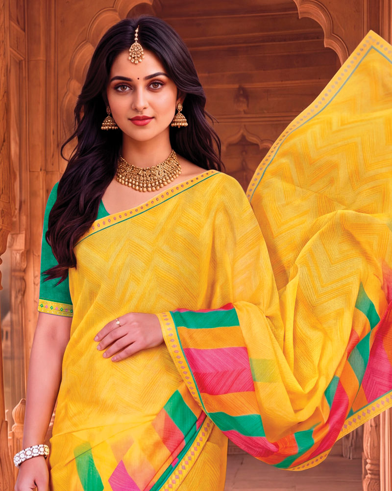 Vishal Prints Tulip Yellow Printed Chiffon Saree With Fancy Embroidery Border