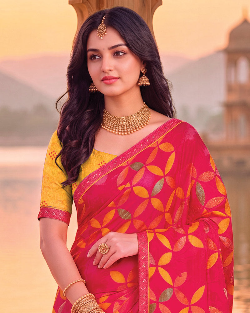 Vishal Prints Red Pink Printed Chiffon Saree With Fancy Embroidery Border