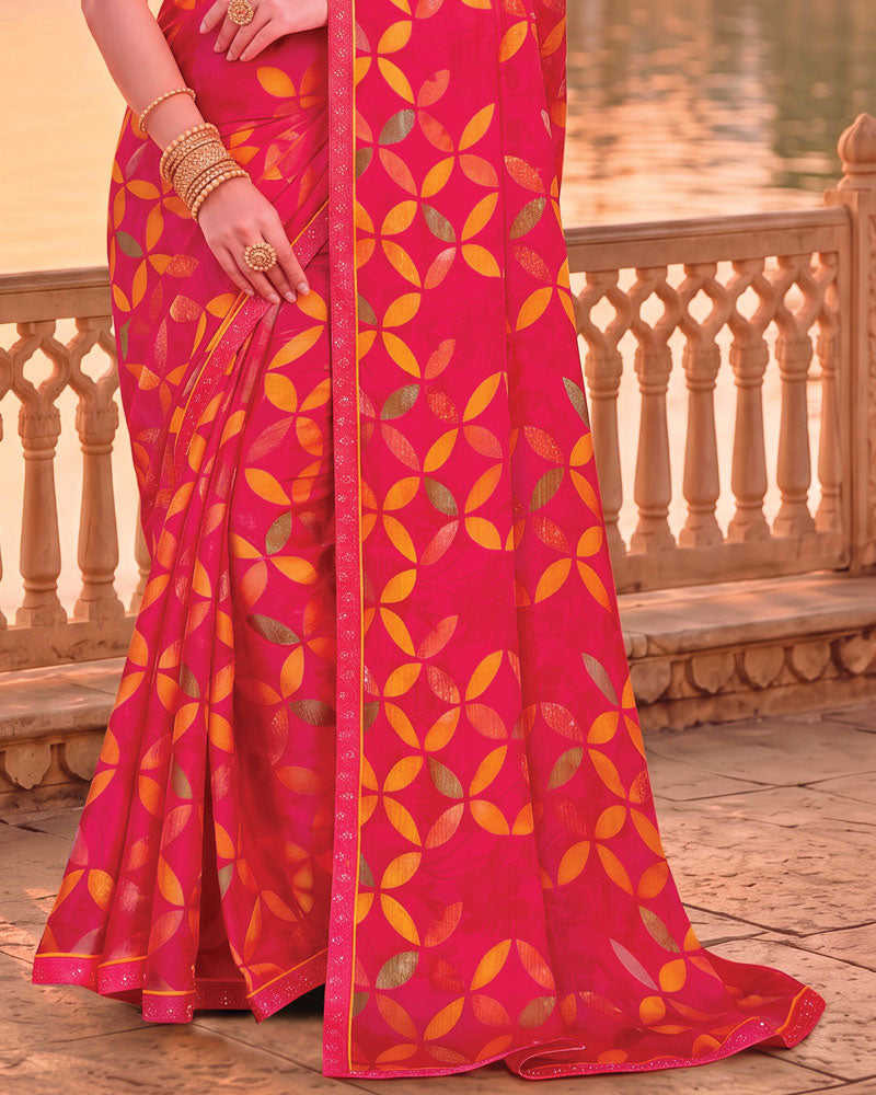 Vishal Prints Red Pink Printed Chiffon Saree With Fancy Embroidery Border