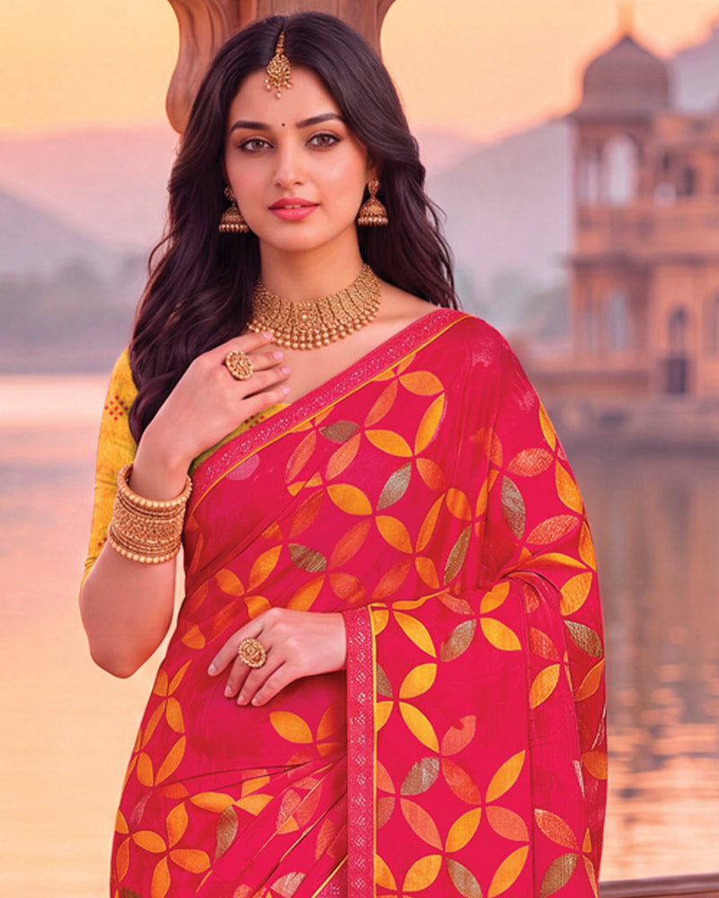 Vishal Prints Red Pink Printed Chiffon Saree With Fancy Embroidery Border